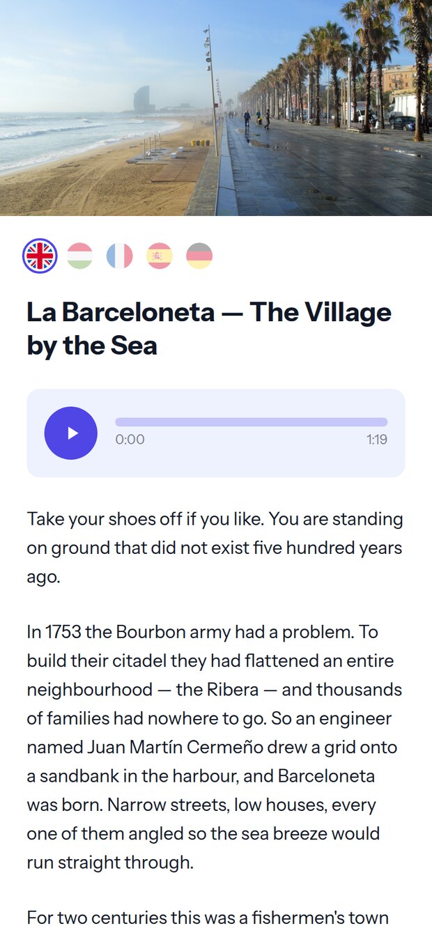 La Barceloneta — an AI AudioGuide stop on a visitor’s phone