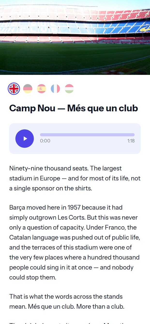 Camp Nou — an AI AudioGuide stop on a visitor’s phone
