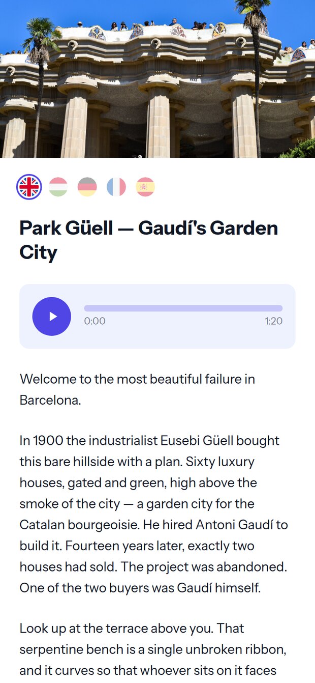 Park Güell — an AI AudioGuide stop on a visitor’s phone
