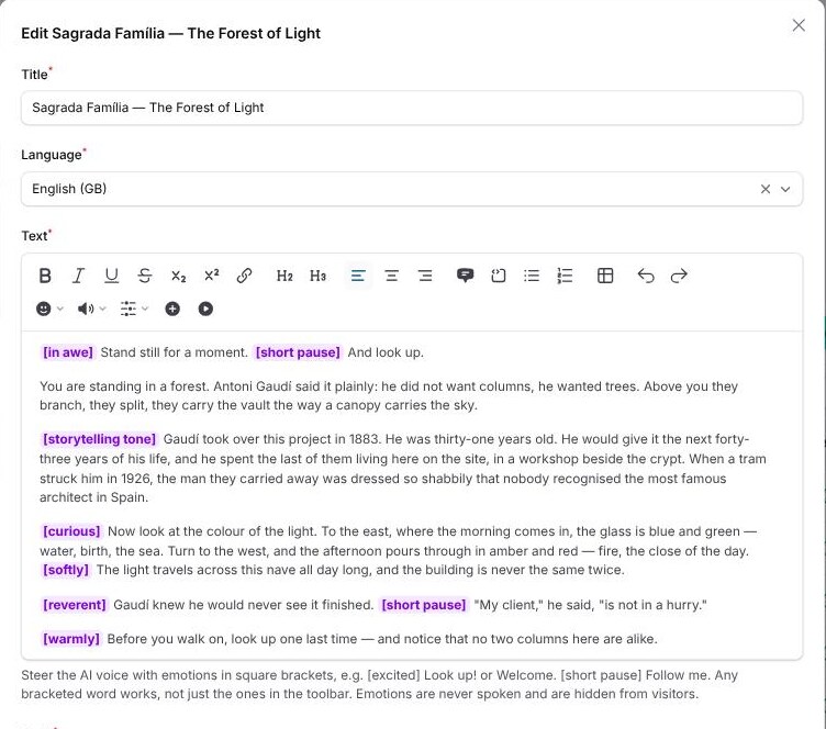 Narration text with emotion cues highlighted in the AI AudioGuide editor
