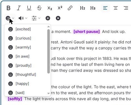 The emotion picker in the AI AudioGuide rich text toolbar